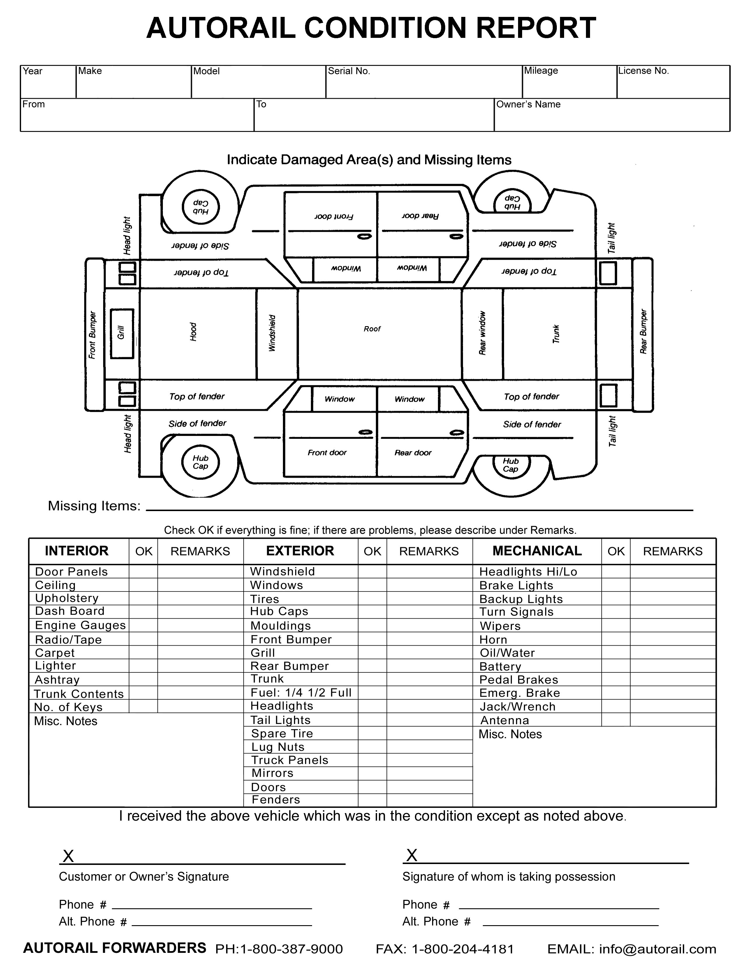 Forms - Auto Transport  Car Shipping  (21) 21-21  Auto Rail With Truck Condition Report Template